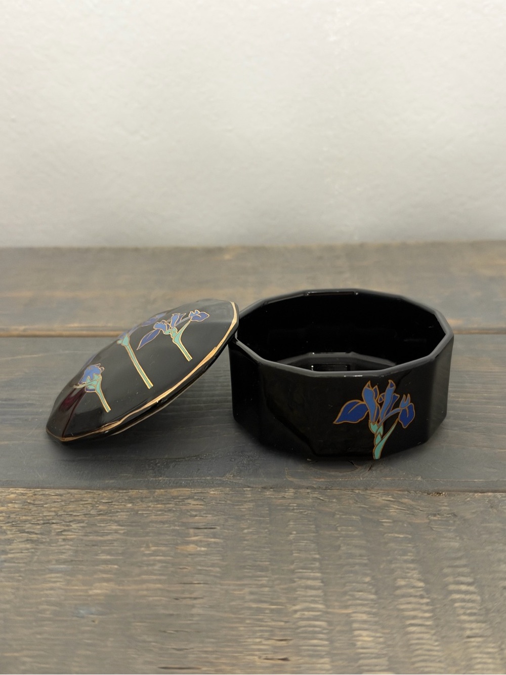Vintage Otagiri Japan Blue Iris Ginger Jar & Trinket Box Set Black Floral - Picture 10 of 16